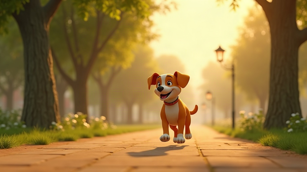 Cartoon illustration of a happy dog trotting along a leafy park path.